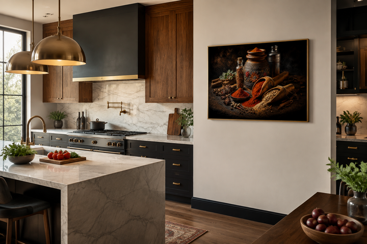 Framed wall art of colorful Indian spices and herbs displayed in a modern kitchen setting.
