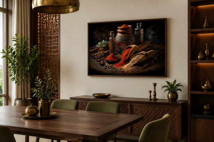 Framed wall art of Indian spices and herbs in a modern dining room with wooden furniture.