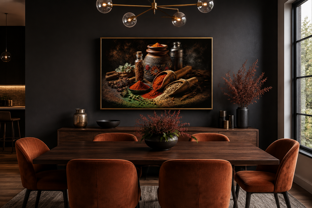 Framed wall art of Indian spices and herbs in a dark, modern dining room with orange velvet chairs.