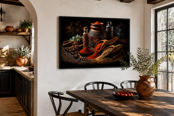 Framed wall art of Indian spices and herbs in a rustic kitchen above a wooden dining table.