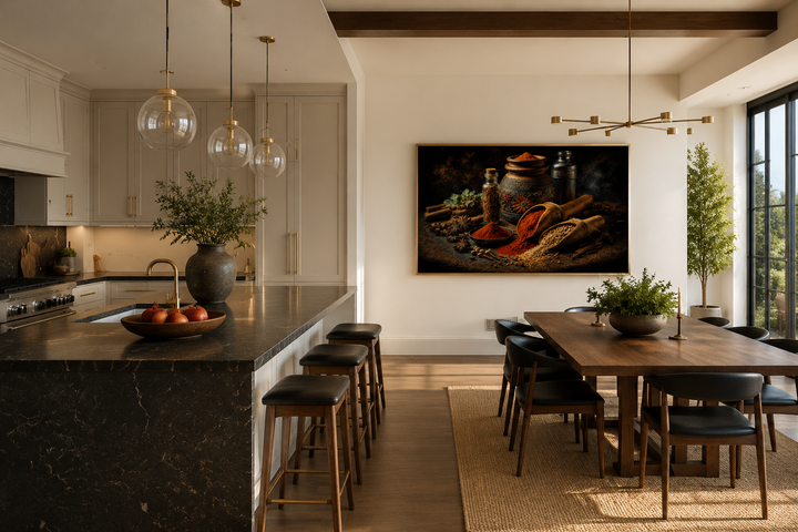 Framed kitchen wall art featuring a colorful arrangement of Indian spices on a dark background.