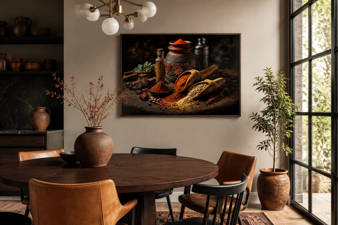 Framed kitchen wall art featuring a vibrant arrangement of Indian spices and herbs in a dark setting