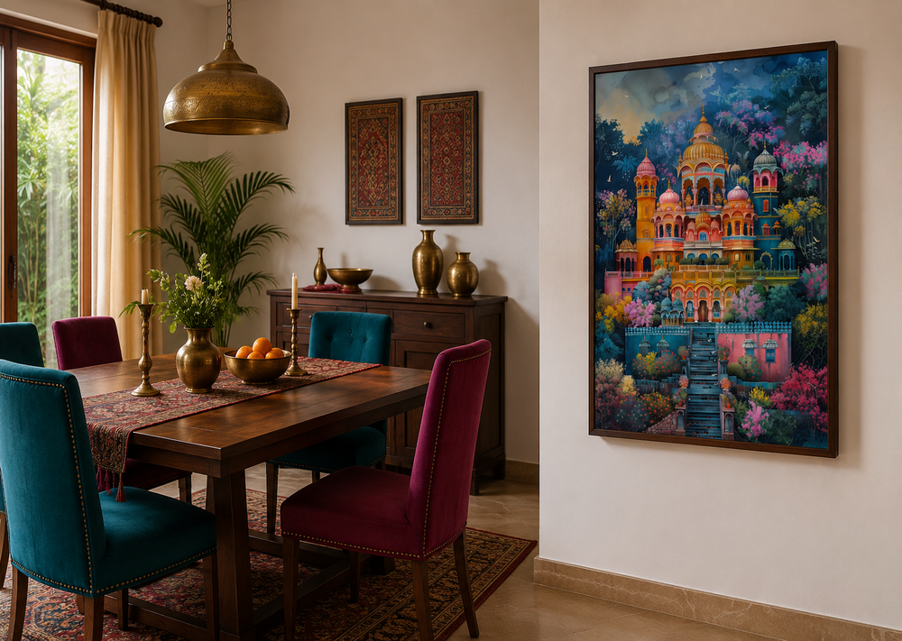 Framed colorful Indian temple painting on a white wall in a traditional dining room.