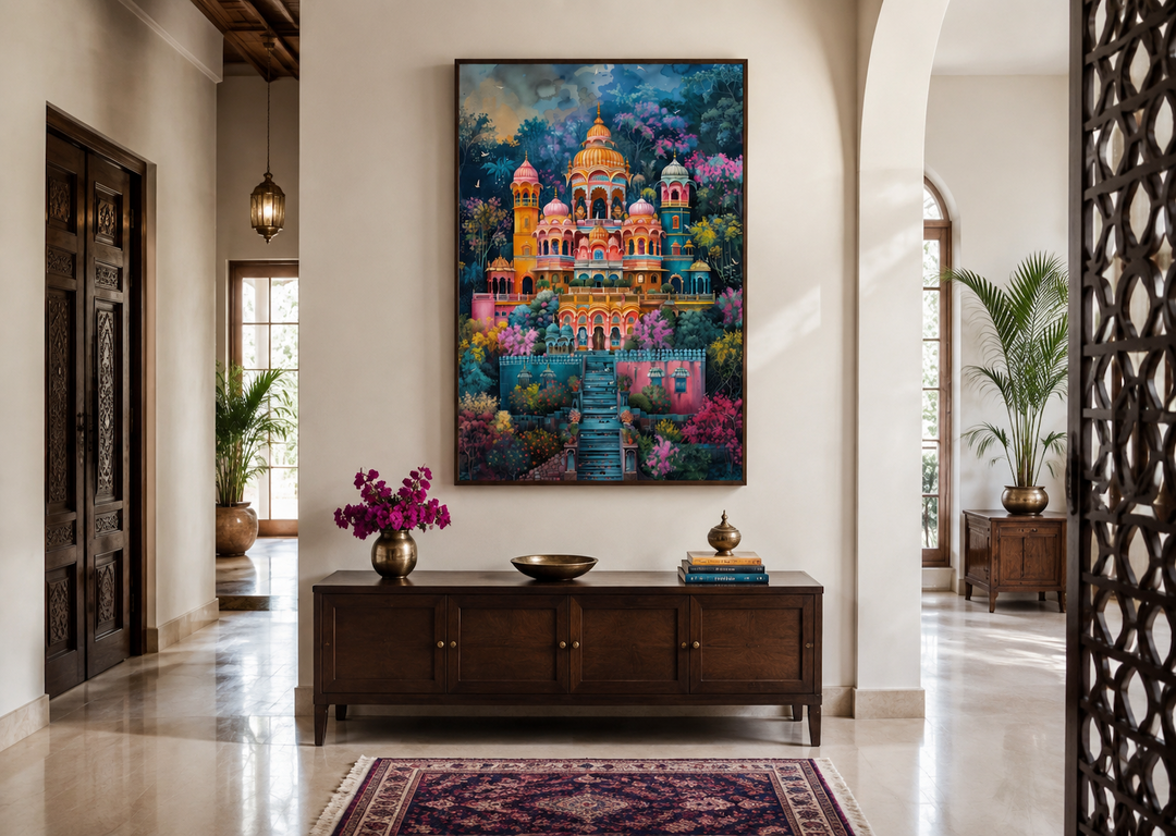 Colorful framed canvas painting of an ornate Indian temple above a dark wood sideboard in a hallway.