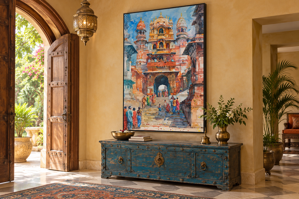 Framed canvas wall art of people at an Indian temple in a traditional entryway.