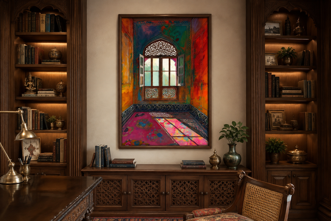 Vibrant framed canvas art of an ornate Indian window in a traditional room, hung in a study.