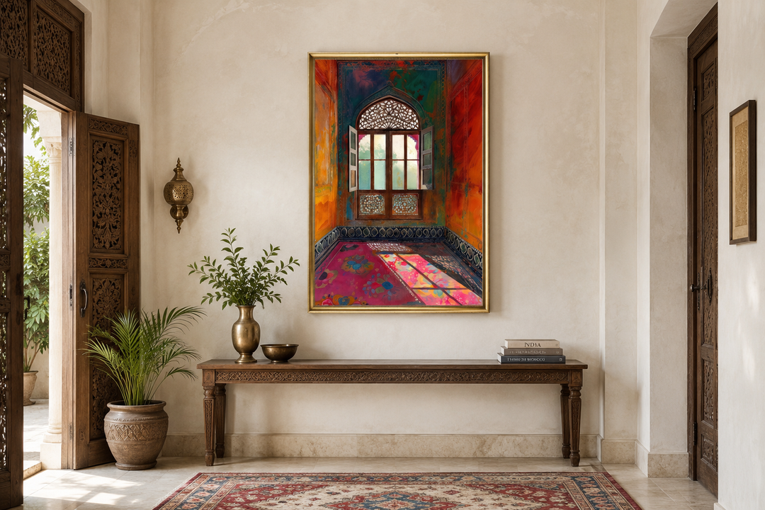 Vibrant framed canvas wall art of an ornate Indian window and room above a wooden console table.
