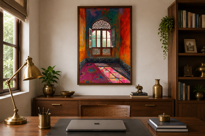Colorful Indian window and traditional room painting in a dark wood frame above a wooden desk.