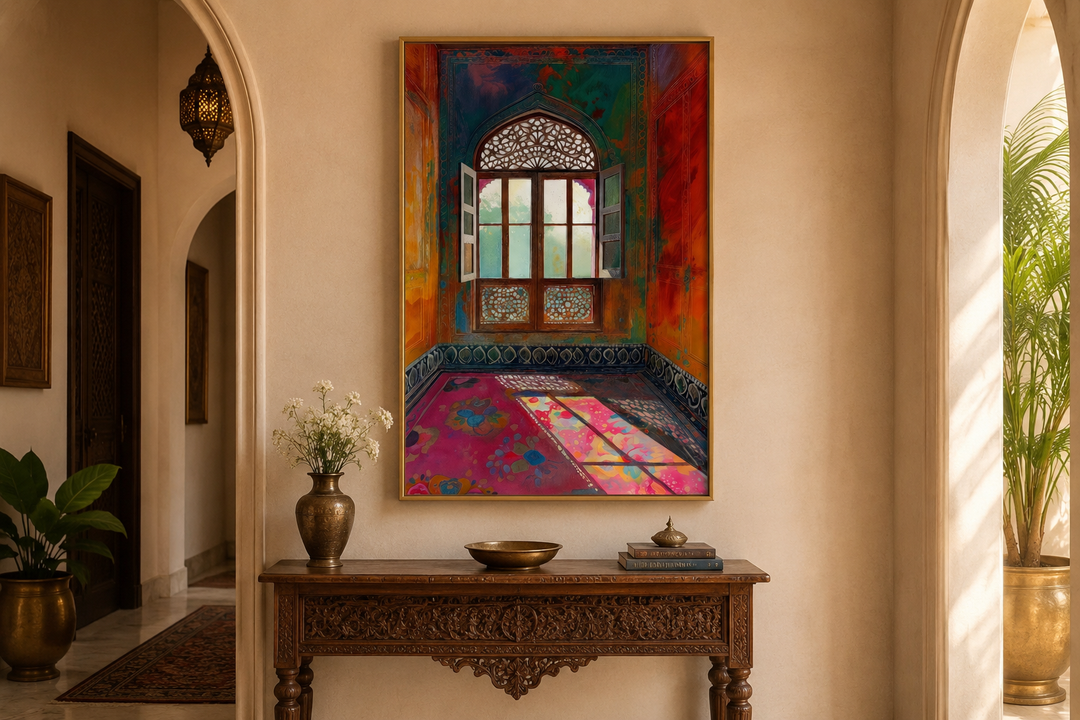 Colorful framed canvas art of an ornate Indian window and room above a carved wooden console table.