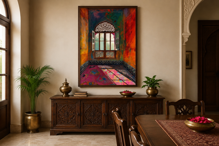 Framed canvas wall art of a colorful Indian window and room above a dark wood sideboard.