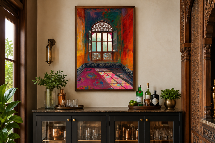 Colorful framed canvas wall art of an ornate Indian window and room above a black bar cabinet.