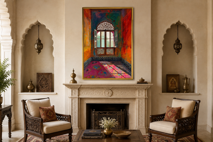 Indian Window and Traditional Room Framed Canvas Wall Art above a fireplace in a classic room.