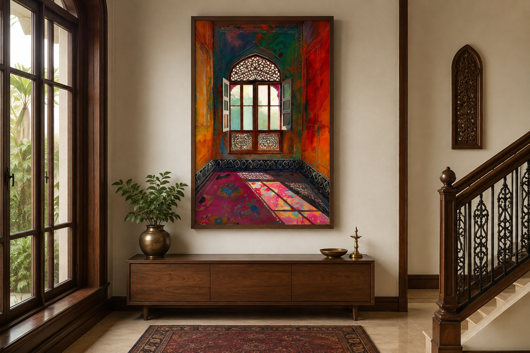 Vibrant Indian window and traditional room painting on framed canvas above a wooden console table.