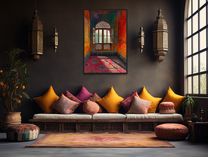 Framed canvas wall art of an ornate Indian window in a vibrant room, hung above a cushioned sofa.