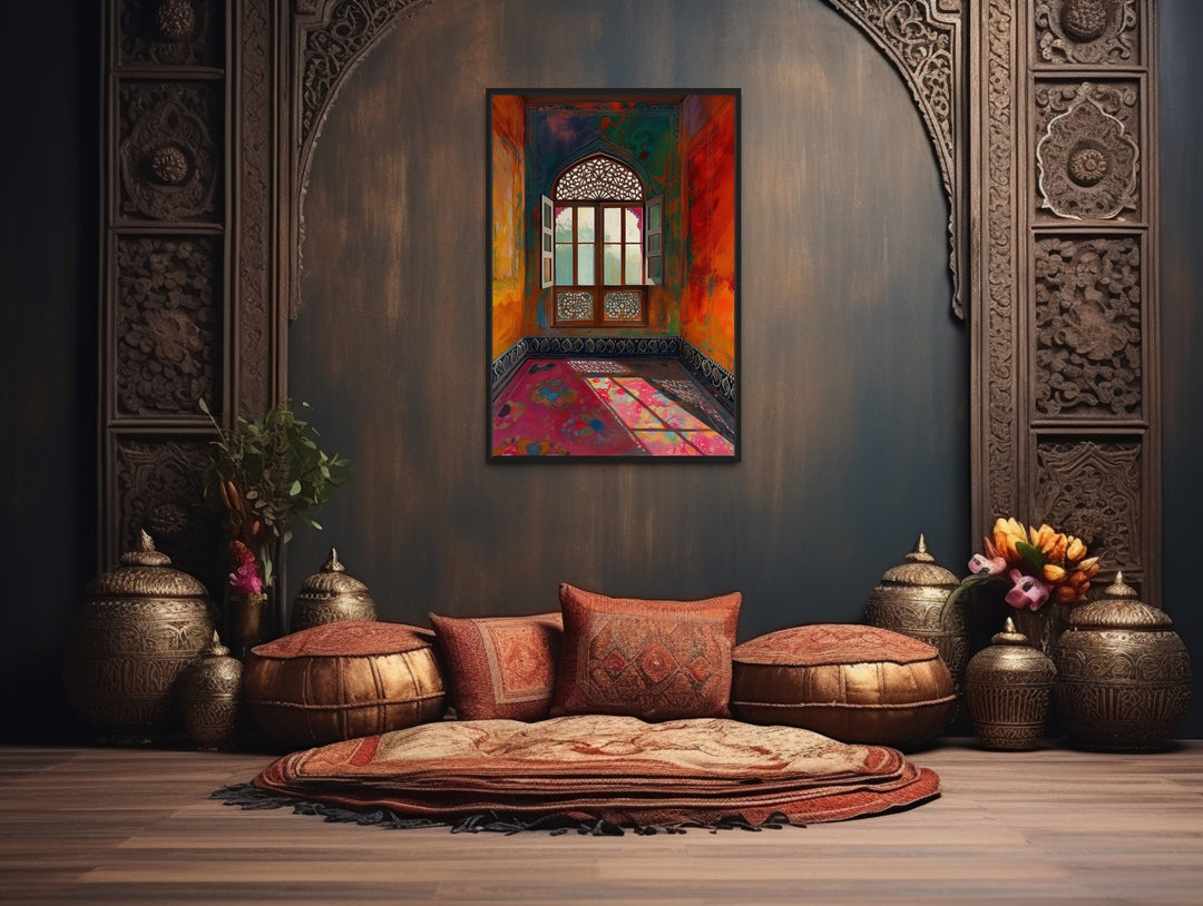 Framed canvas wall art of an ornate Indian window above a traditional floor seating arrangement.