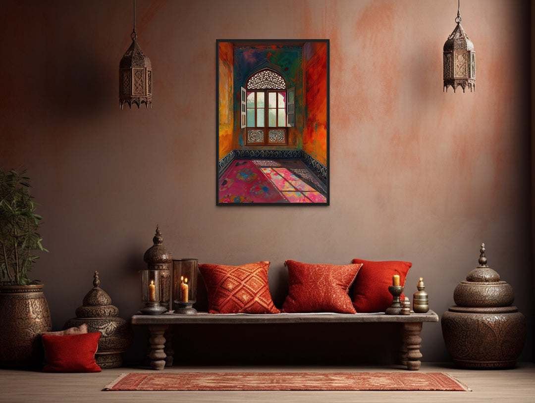 Framed canvas art of an ornate Indian window in a vibrant room, hung above a traditional bench.