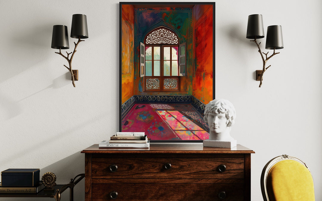 Vibrant Indian window and traditional room framed canvas wall art above a wooden dresser.
