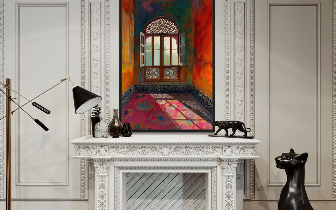 Indian Window and Traditional Room Framed Canvas Wall Art above a white ornate fireplace.