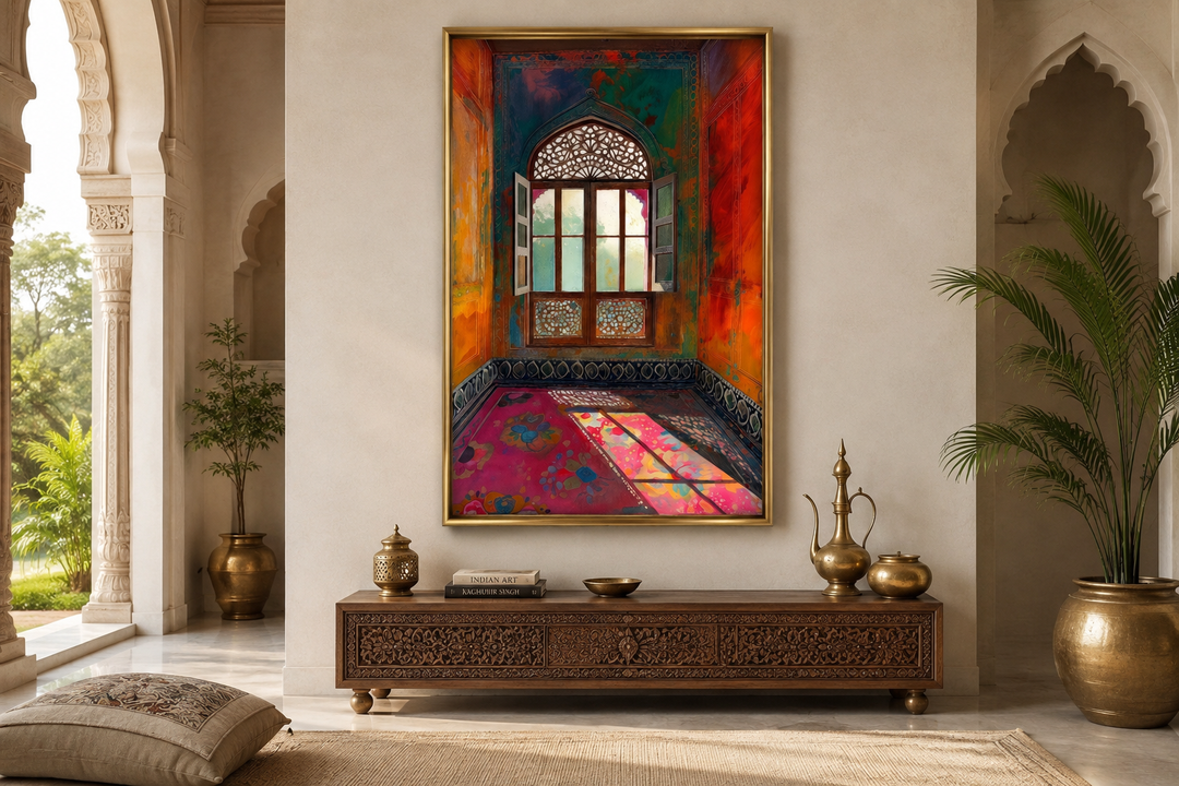 Framed canvas wall art of a colorful Indian window and room interior above a carved wooden console.