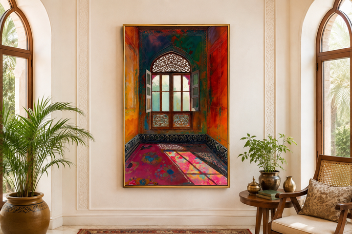 Framed canvas wall art of a colorful Indian room with an ornate window and vibrant pink floor.