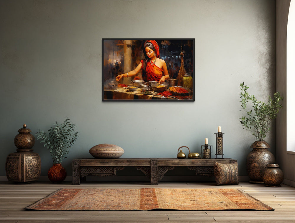 Indian Woman At Spice Bazaar Framed Canvas Wall Art