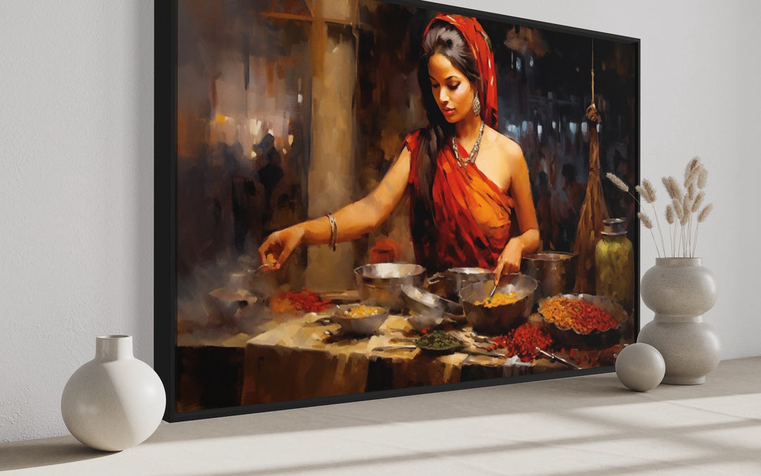 Indian Woman At Spice Bazaar Framed Canvas Wall Art