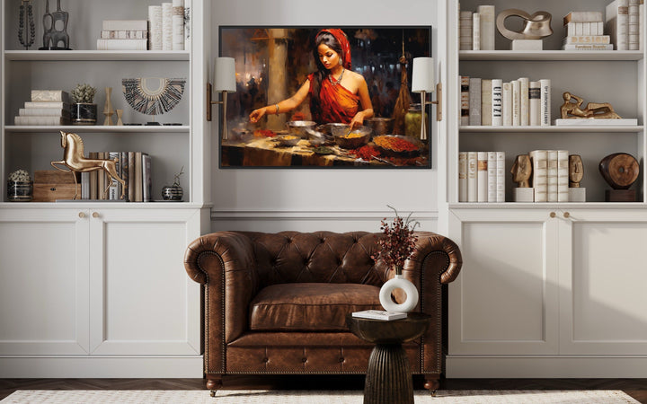 Indian Woman At Spice Bazaar Framed Canvas Wall Art