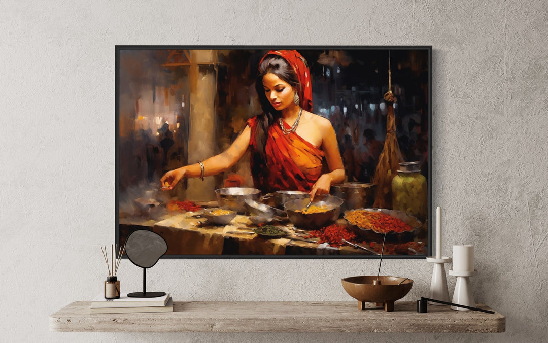 Indian Woman At Spice Bazaar Framed Canvas Wall Art