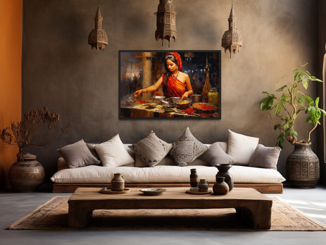 Indian Woman At Spice Bazaar Framed Canvas Wall Art