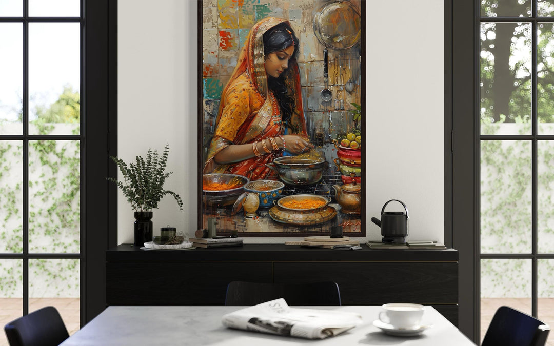 Indian Woman Cooking Kitchen Canvas Wall Art