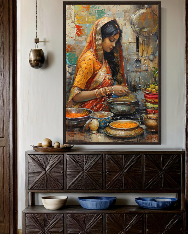 Indian Woman Cooking Kitchen Canvas Wall Art