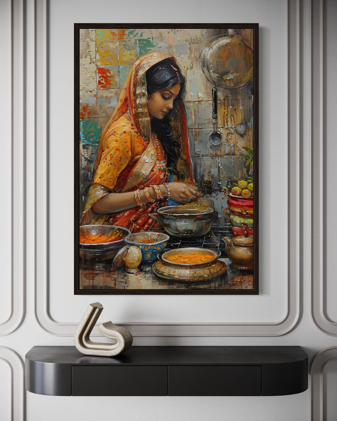 Indian Woman Cooking Kitchen Canvas Wall Art