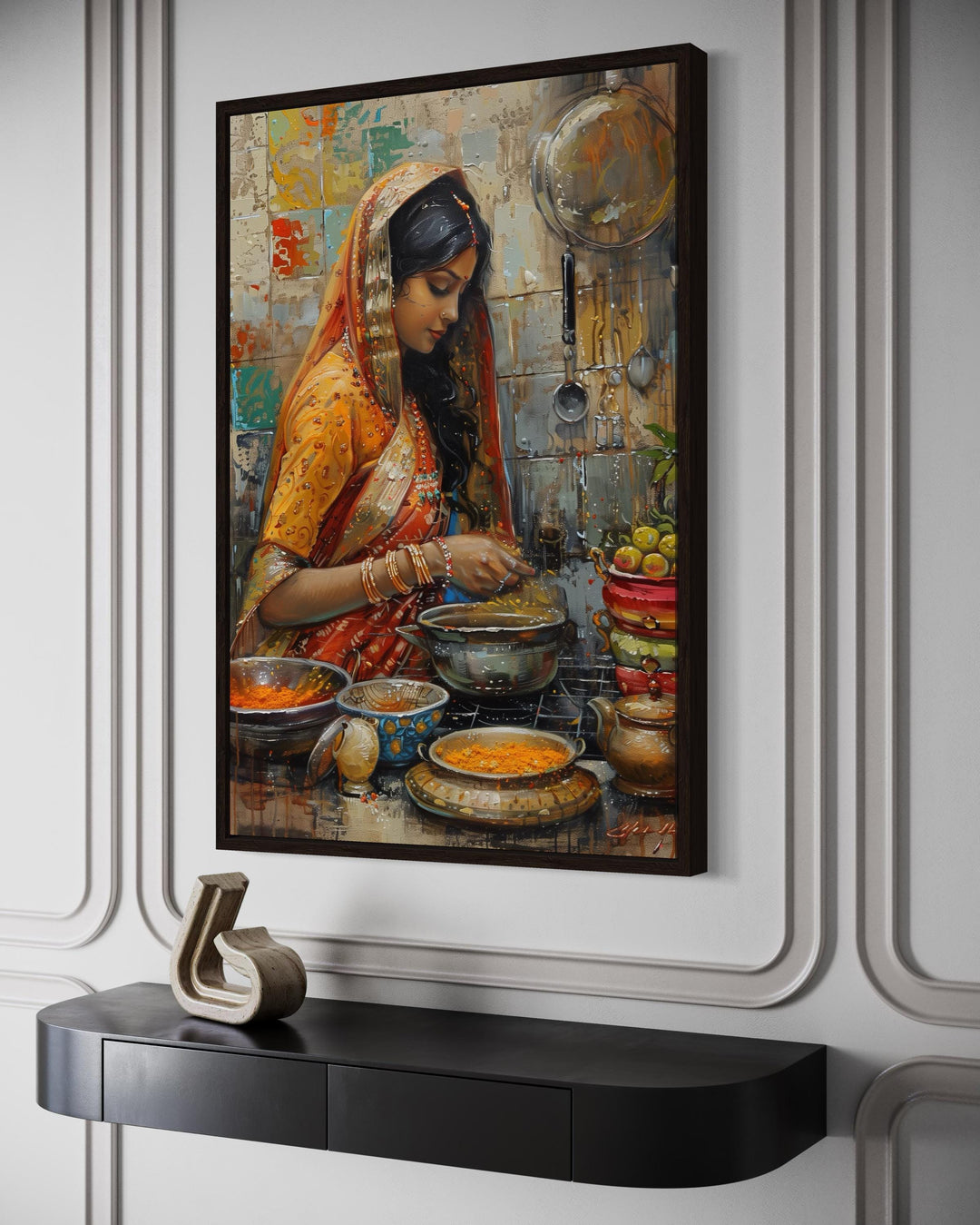 Indian Woman Cooking Kitchen Canvas Wall Art