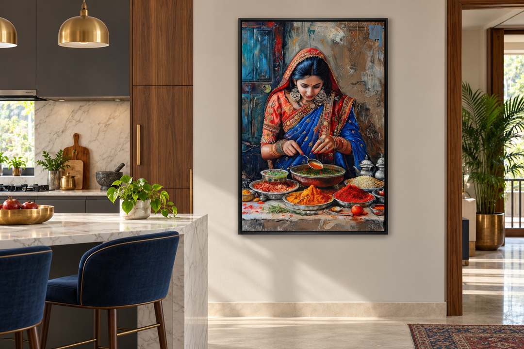 Indian woman cooking painting in a black frame on a kitchen wall with vibrant spices and colors.