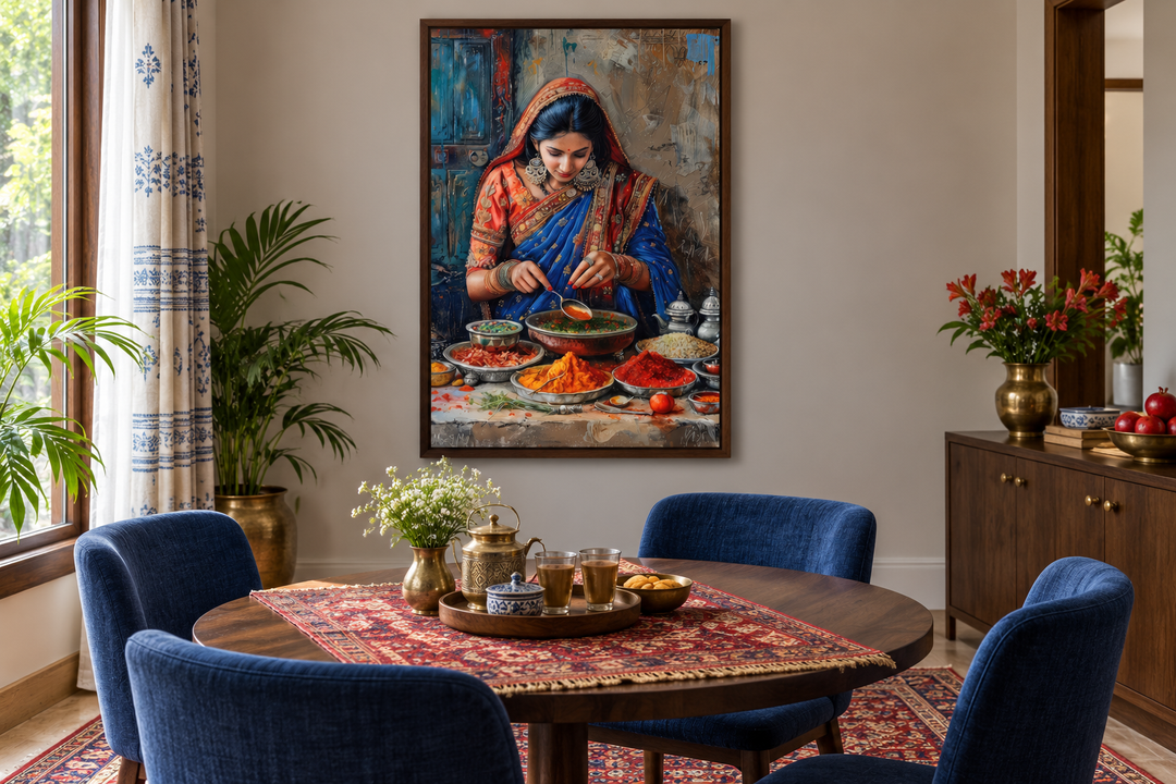 Indian woman cooking painting in a walnut frame hanging in a dining room with blue chairs.