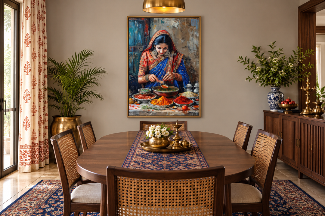 Indian woman cooking painting in a gold frame hanging in a traditional dining room.
