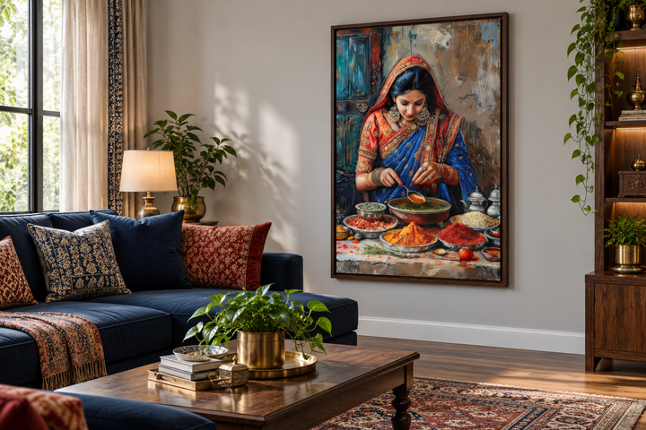 Framed canvas painting of an Indian woman cooking, displayed in a living room with a blue sofa.