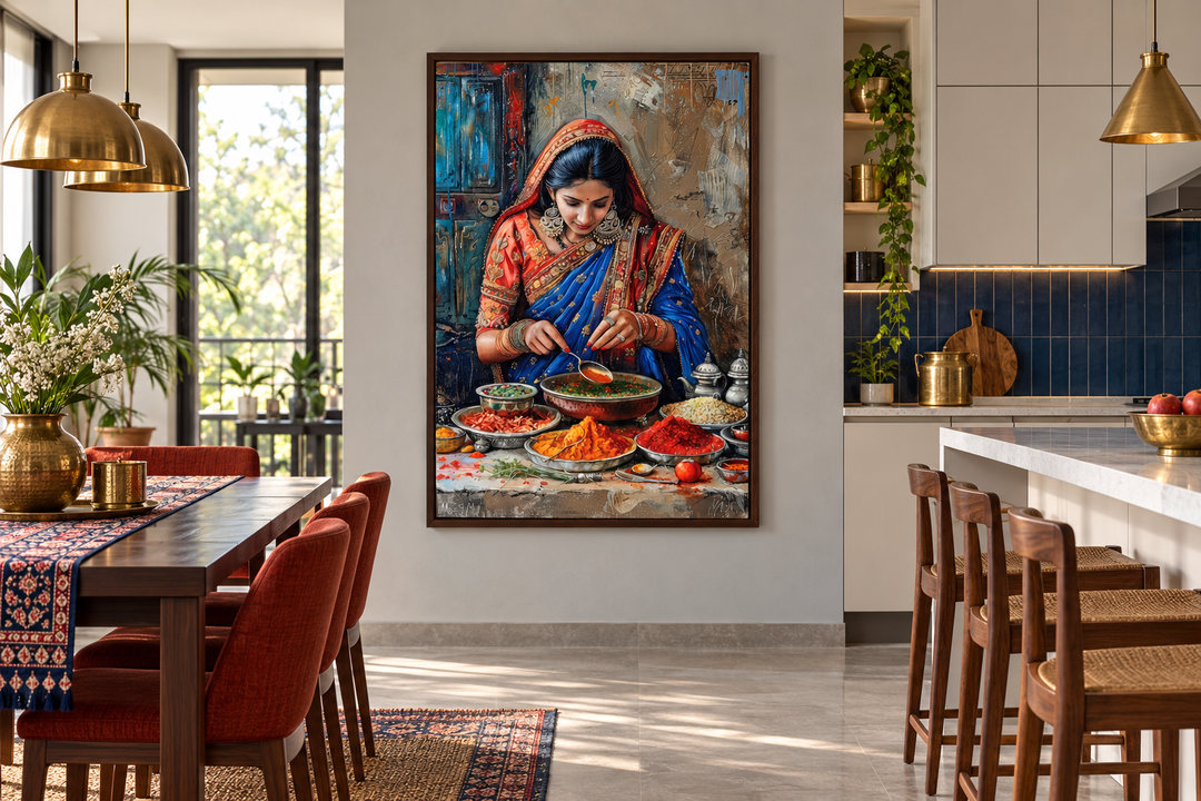 Framed canvas painting of an Indian woman cooking with spices in a modern dining and kitchen area.