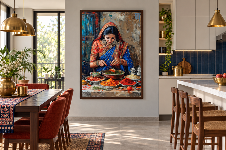 Framed canvas painting of an Indian woman cooking with spices in a modern dining and kitchen area.