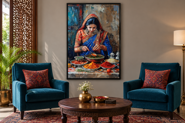 Indian woman cooking painting in a black frame, hanging above two blue armchairs in a living room.