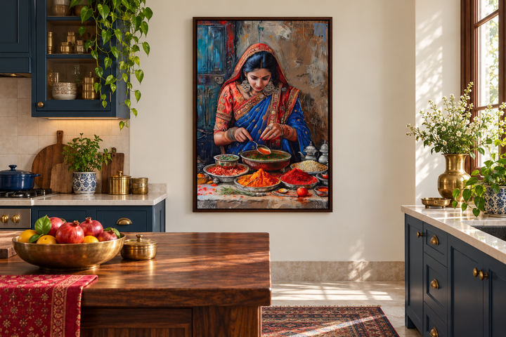 Framed canvas painting of an Indian woman cooking, displayed on a modern kitchen wall.