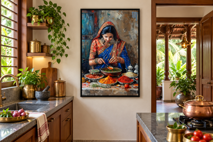 Framed canvas painting of an Indian woman cooking with spices, displayed in a rustic kitchen.