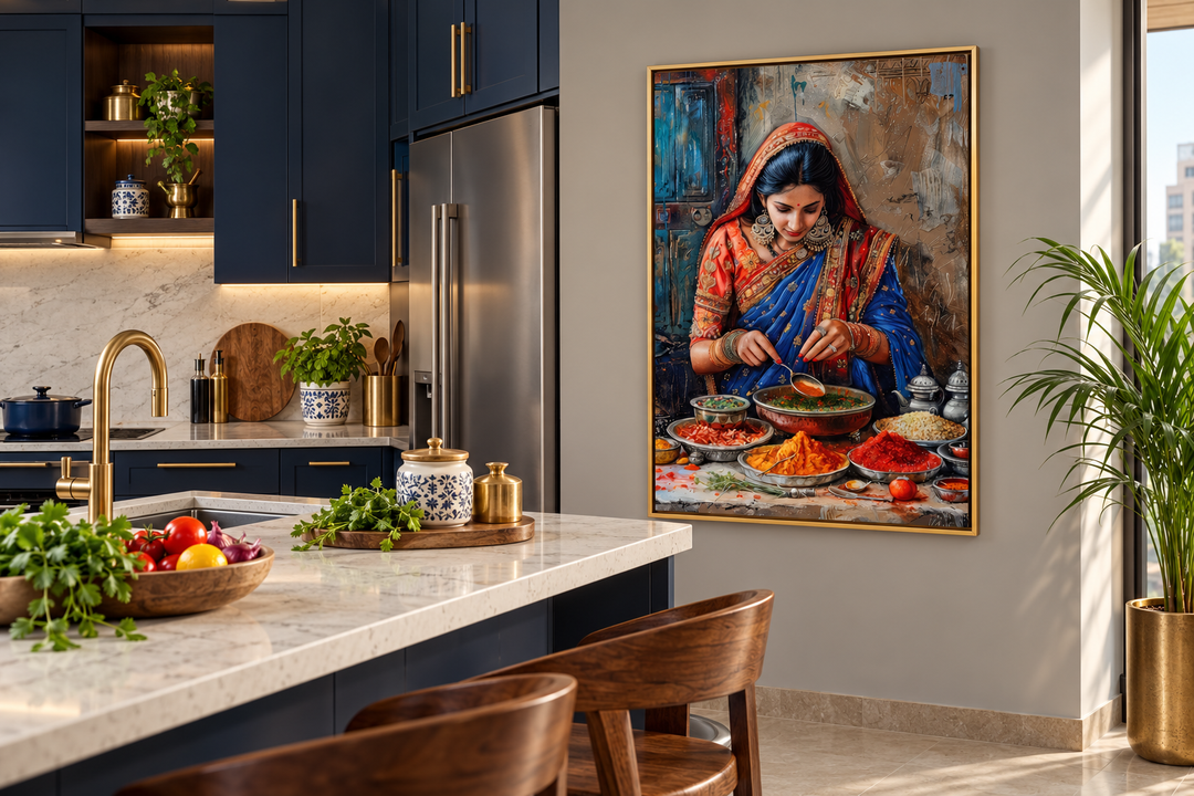 Framed canvas painting of an Indian woman cooking, displayed on a modern kitchen wall.