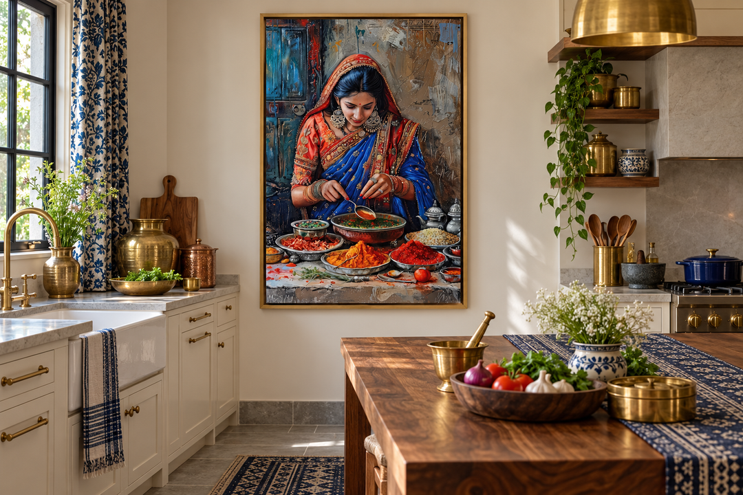 Framed canvas painting of an Indian woman cooking, displayed in a modern kitchen setting.