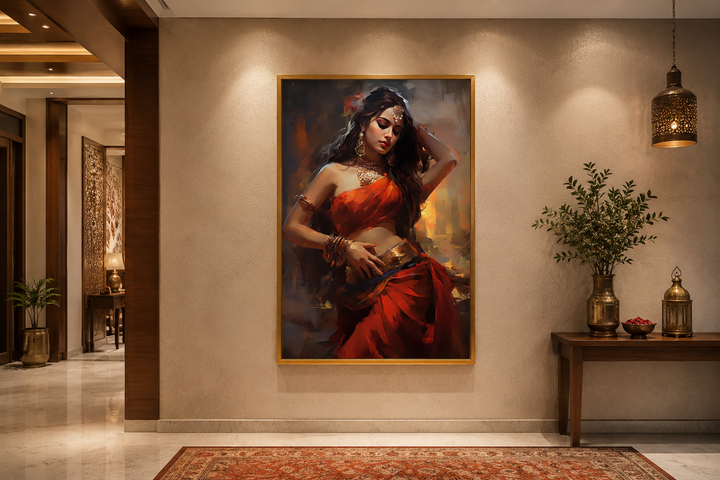 Framed canvas wall art of an Indian woman in a red sari performing a traditional folk dance.