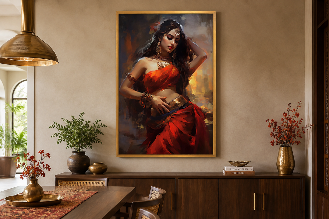 Framed canvas wall art of an Indian woman in a red sari performing a traditional folk dance.