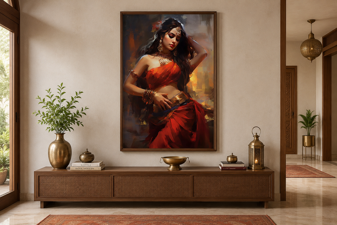 Framed canvas wall art of an Indian woman in a red sari performing a traditional folk dance.