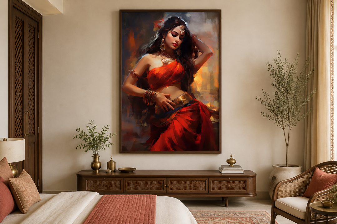 Framed canvas wall art of an Indian woman in a red sari performing a traditional folk dance.