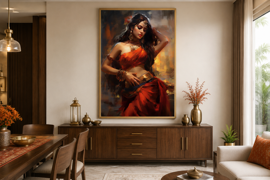 Framed canvas wall art of an Indian woman in a red saree performing a traditional folk dance.