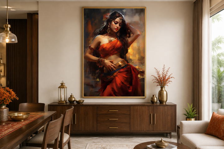 Framed canvas wall art of an Indian woman in a red saree performing a traditional folk dance.